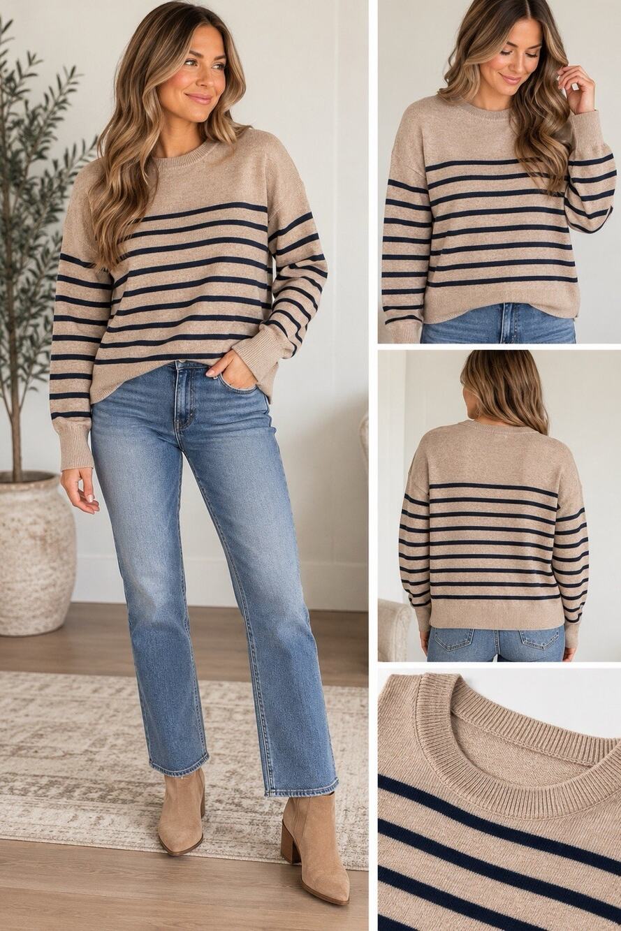 Jenni Kayne Avery Crewneck Sweater Women’s M Merino Wool Cotton Oatmeal Navy